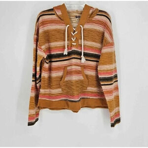 SO Southwestern Color Stretch Lace-up Hooded Kangaroo Pocket Sweater Size Small